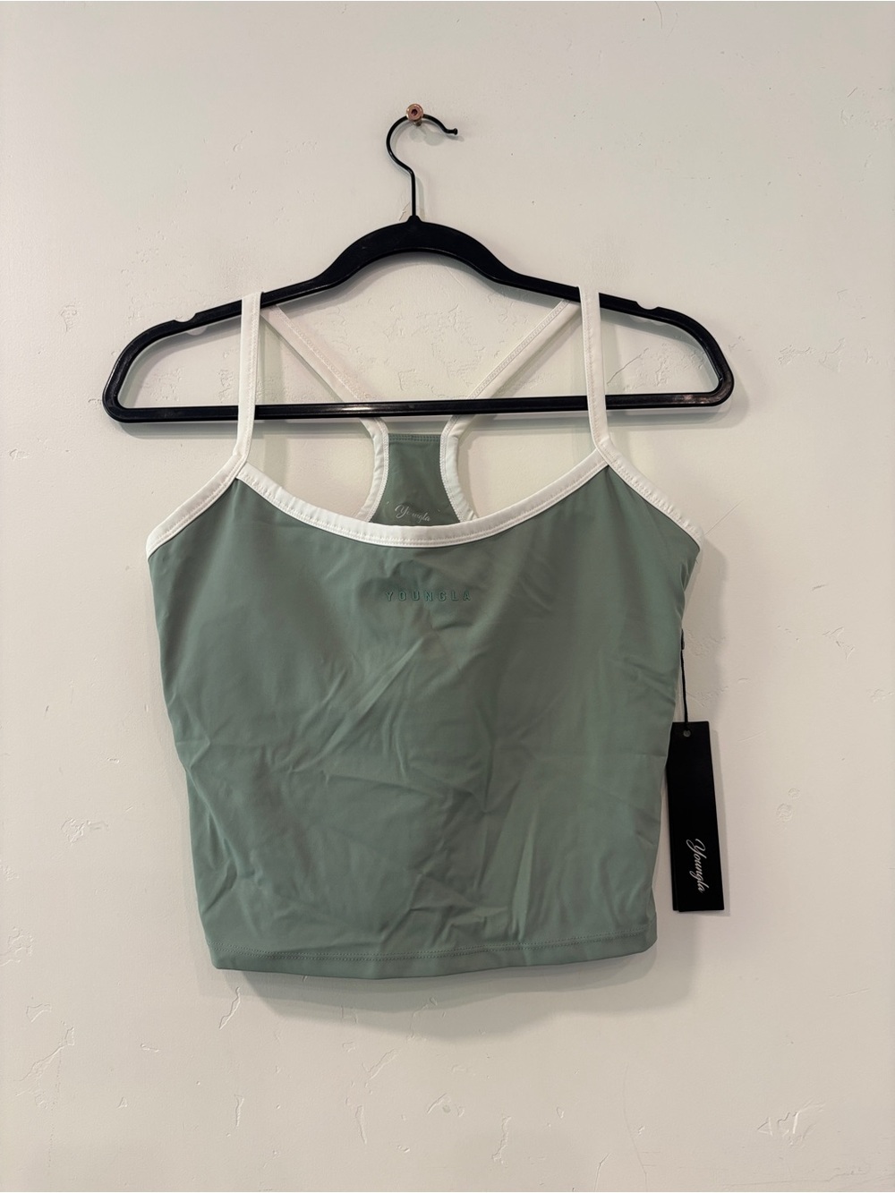 New YoungLA Women's Cropped Active Tank Top - Sage Green / White Trim Size L Gym